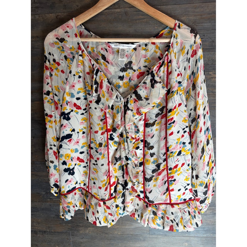 Diane von Furstenberg DVF Silk Floral Ruffle Peplum Blouse Red Trim Size 8